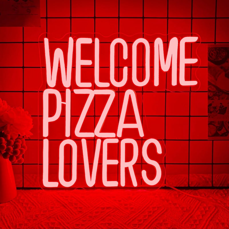 Manimo Welcome Pizza Lovers Neon Light, Red Dimmable LED Personalized Pizza Lovers Neon Sign, Family Restaurant Entertainment Room Food Theme Party Wall Neon Sign Decor Holiday Gift For Pizza Lovers, Children, Family (12.9*12.5in) - Image 1